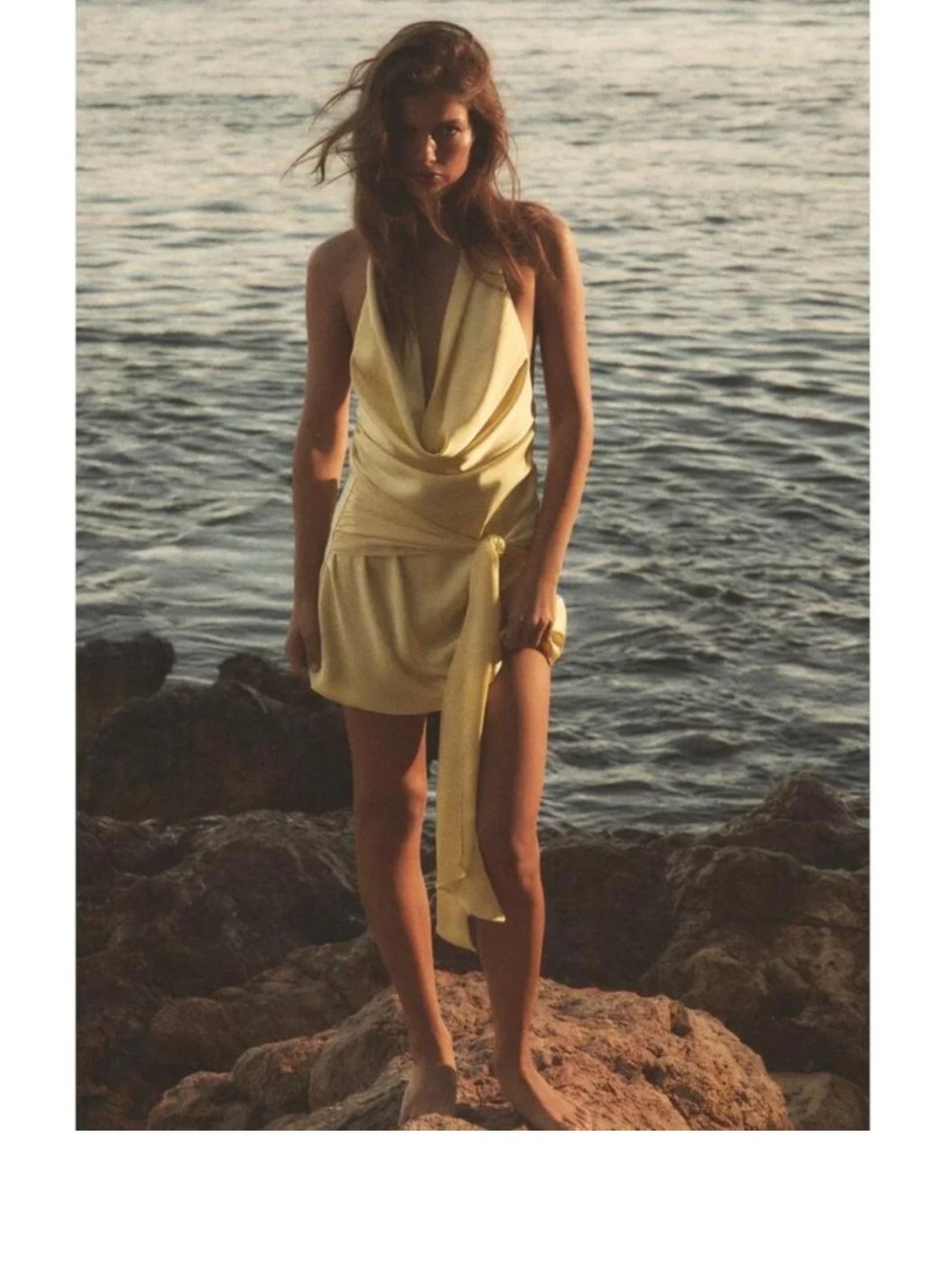 Zara Pale Yellow Draped Halter Mini Dress